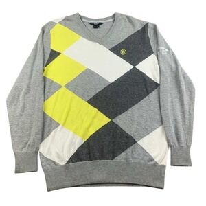 Abacus Sweater Men M Golf V‎ Neck Gray Yellow "Madison Club" Embroidery Knit
